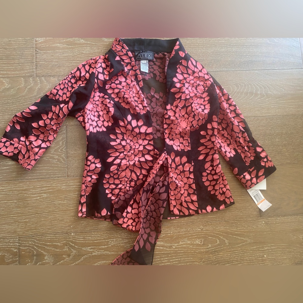 NWT Alex Evenings Black Pink Embroidered Burnout Sheer Kimono Shrug Belt Wrap S